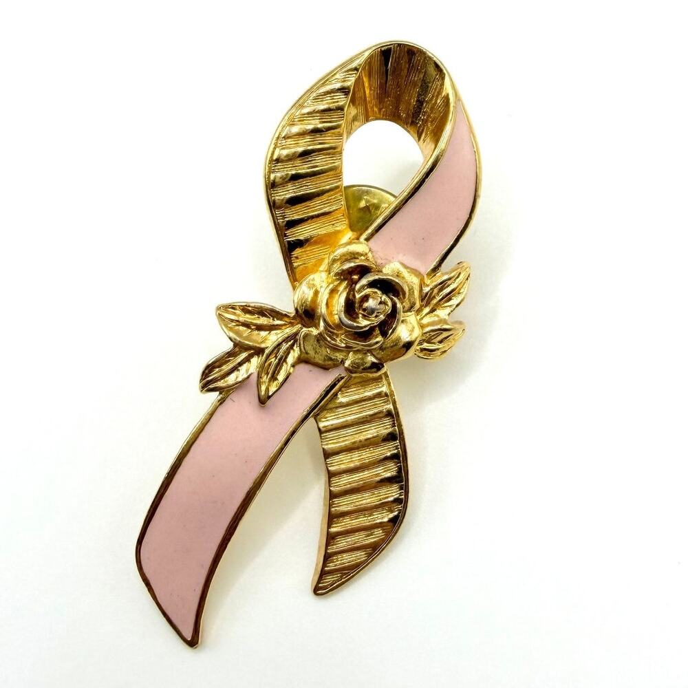 VTG Avon Signed 1994 Breast Cancer Awareness Gold Tone Pink Rose Ribbon Pin